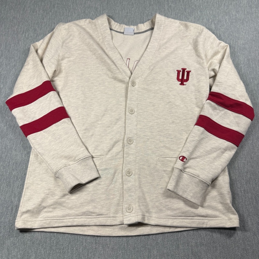 Champion Sweater Mens Large Gray Cardigan Indiana Hoosiers NCAA V-Neck Cotton